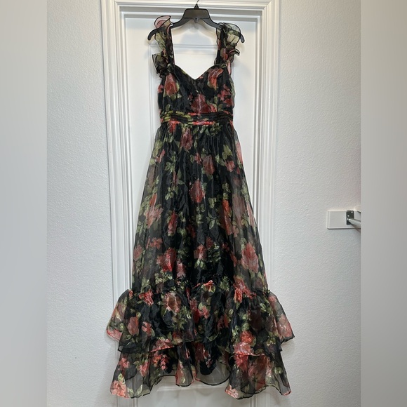 Lulus Befitting Glamour Black Floral Organza Ruffled Tiered Maxi Dress Sz Med - Picture 2 of 13